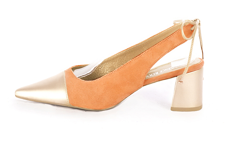 Gold and marigold orange women's slingback shoes. Pointed toe. Medium flare heels. Profile view - Florence KOOIJMAN